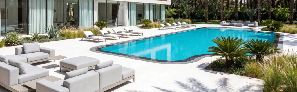 Contemporary villa with swimming pool, representing projects from high-end real estate developers in Morocco.