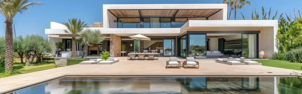 Modern villa in Morocco, front facade, large bay windows, swimming pool in the foreground, garden with palm trees.