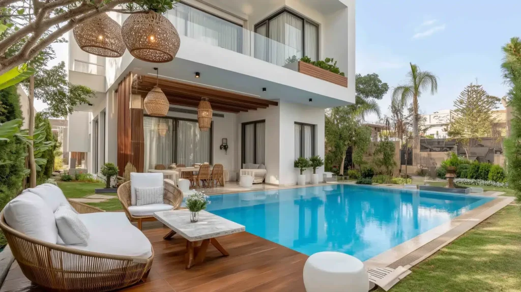 a modern two storey villa with pool and wodden deck