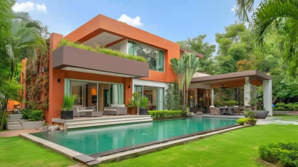 modern two storey villa, terracotta-colored, surrounded by palm trees