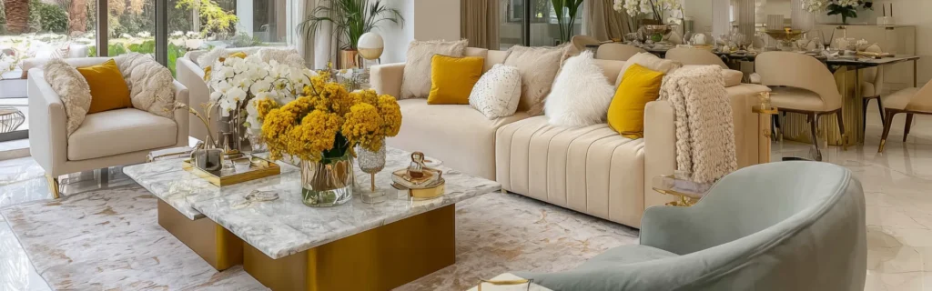 Buy an apartment in Casablanca: luxury living room with cream sofas, gold marble table, and vibrant yellow flower bouquets.
