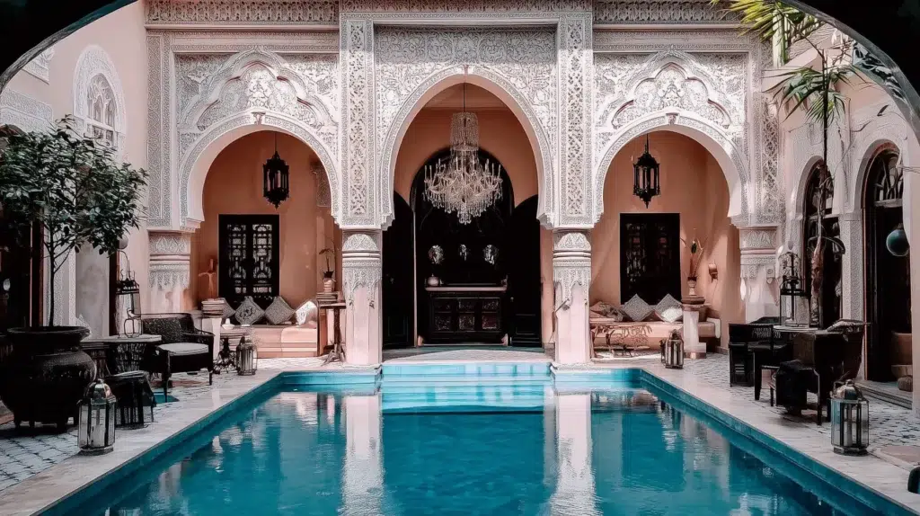 light pink moroccan riad with pool in casablanca
