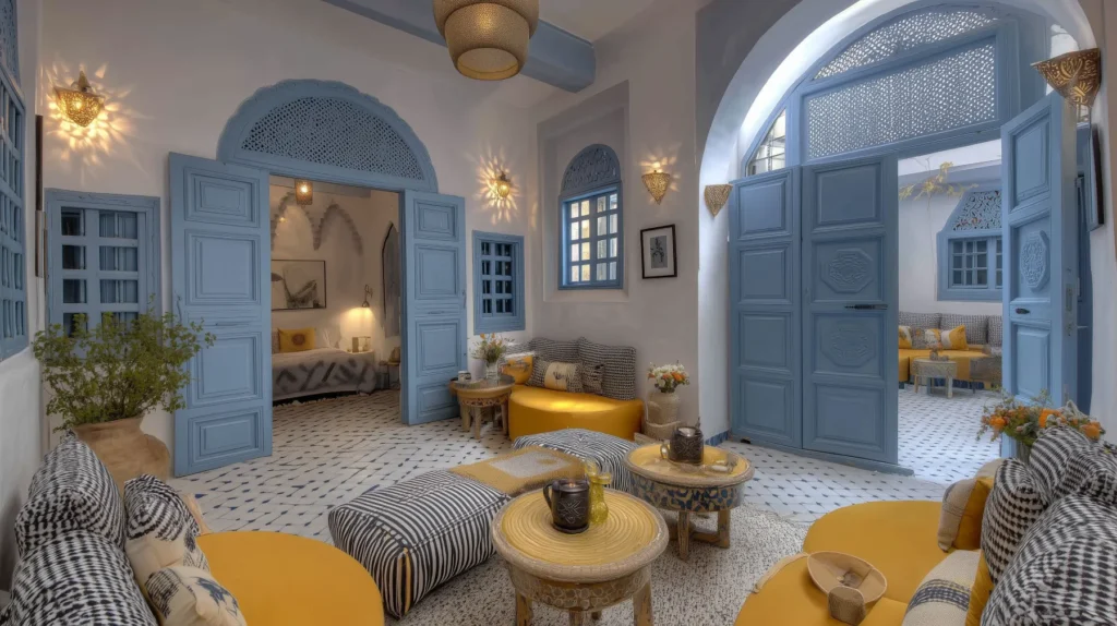 indoor sitting area and blue and white interior of a riad