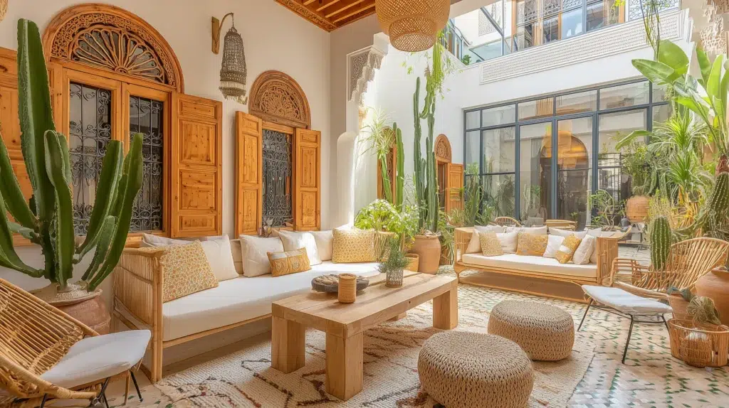 A moroccan courtyard with wooden outdoor sitting area and cactus plants