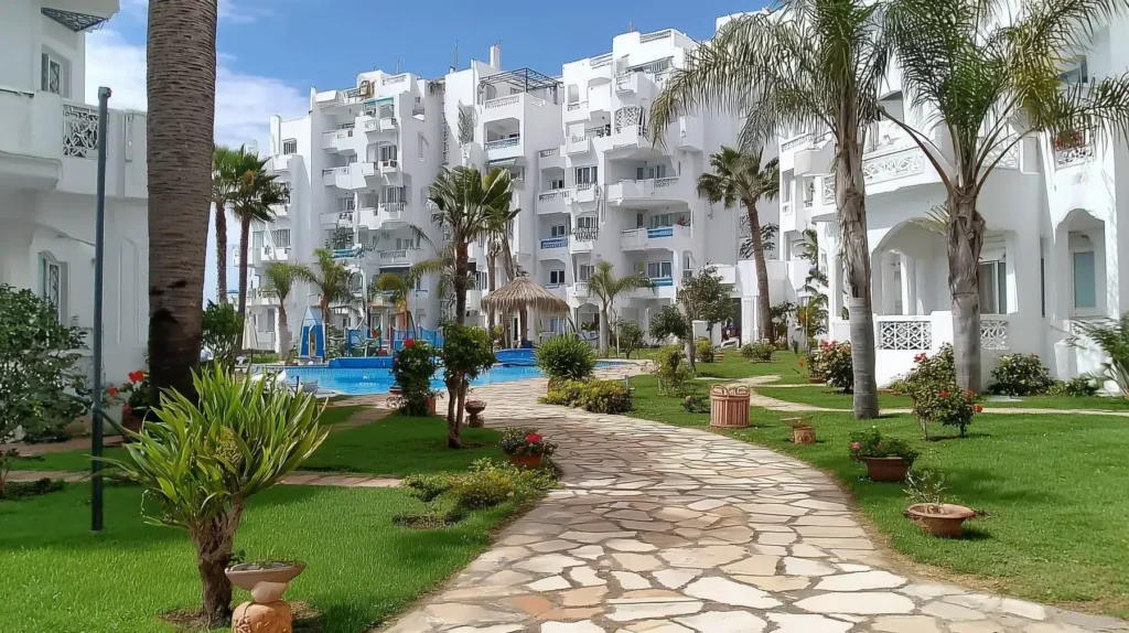 apartment complex in tangier with pool and palm trees