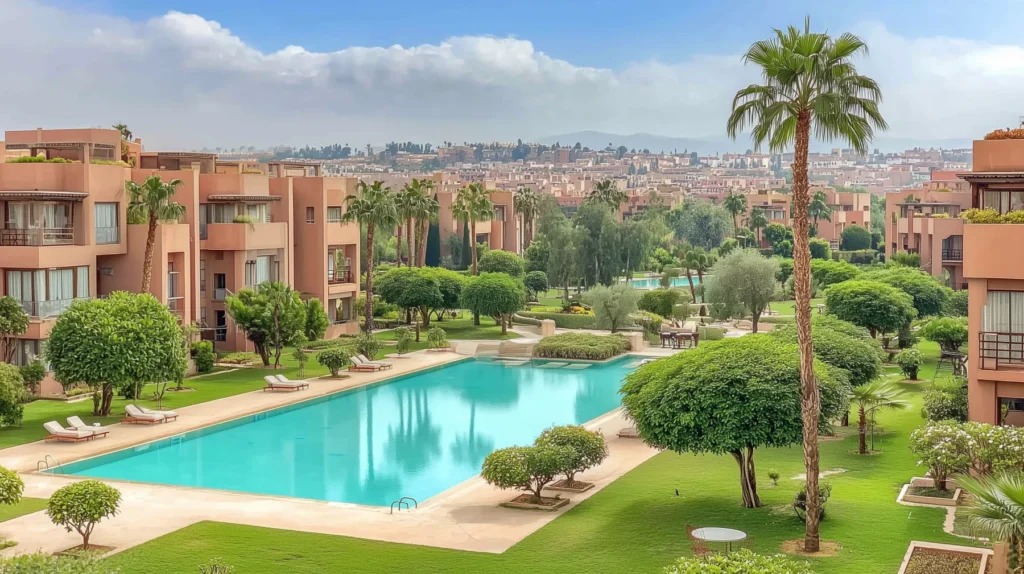 wide angle shot of an apartment building in marrakech