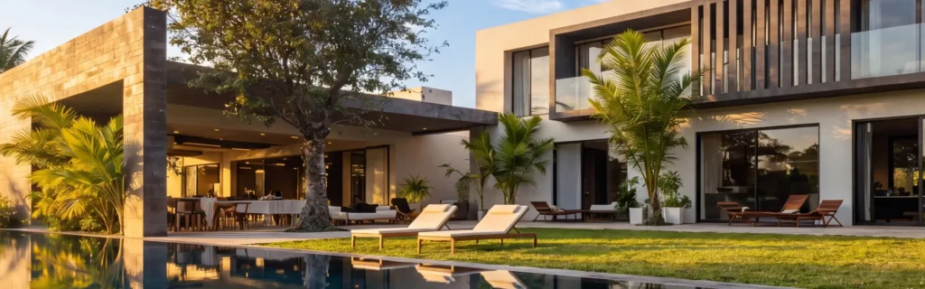 Buying a luxury villa in Morocco – Modern two-storey facade with pool, sun loungers and tropical garden at golden hour
