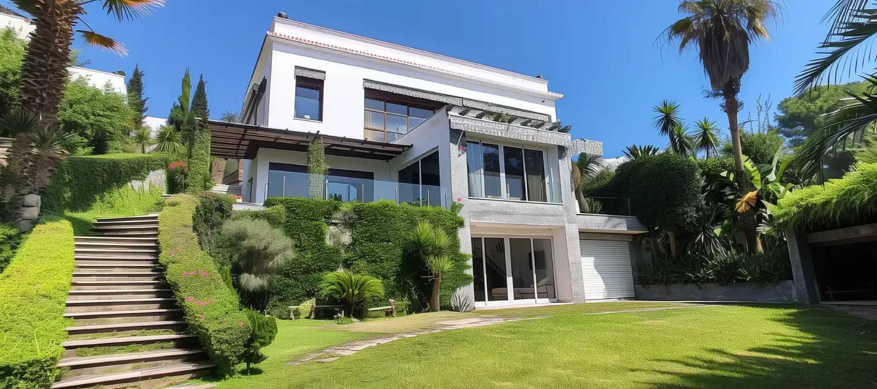 Modern house in Californie, Tangier with terrace, large windows, outdoor staircase and tree-filled garden.