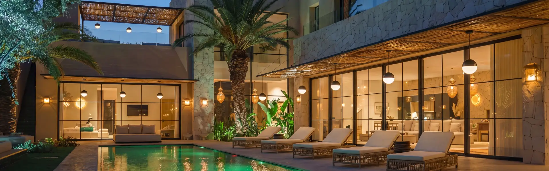 Luxury Marrakech villa with pool, palm trees and lit terrace reflecting Marrakech Property Prices 2026 trends