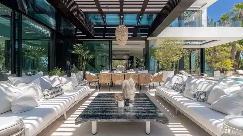 Luxury villa terrace in Tangier with white sofas, marble table, rattan pendant light and open glass doors.