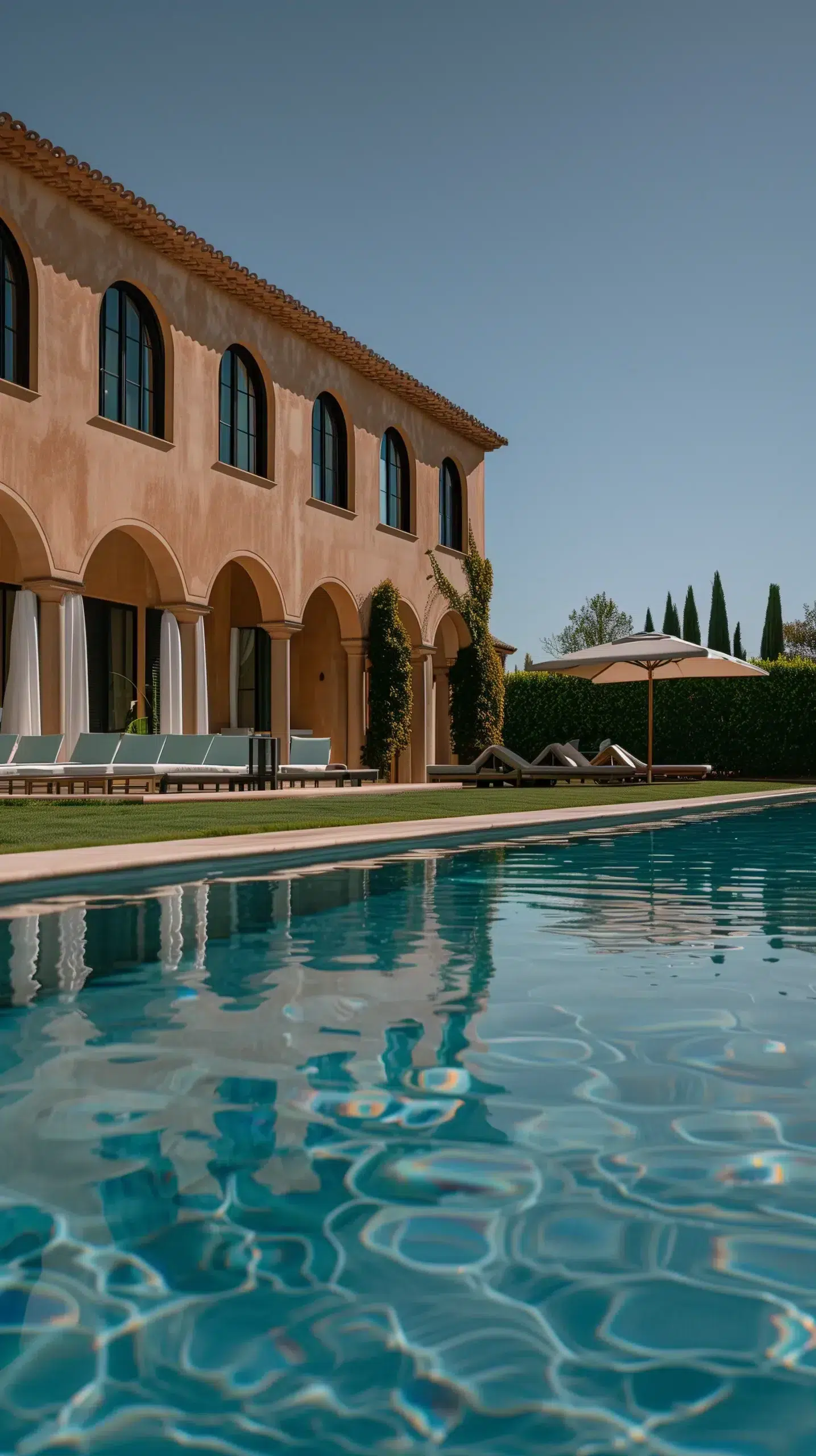 Mediterranean villa with arches, a clear pool, and sun loungers under a parasol, surrounded by greenery and trees.