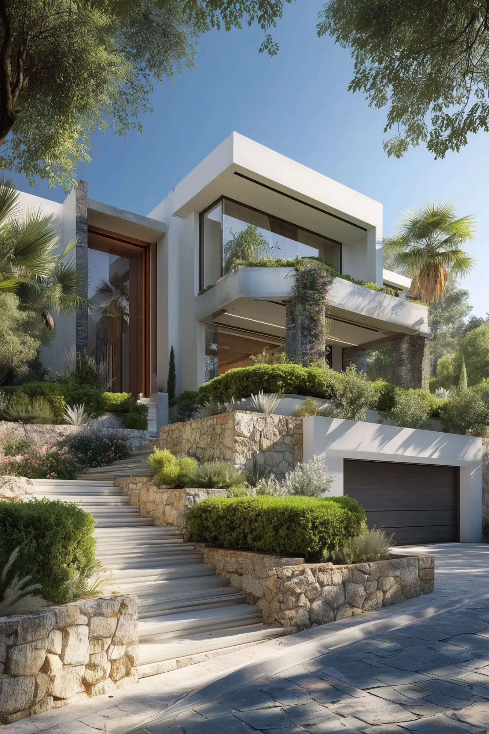 Contemporary white house on a sloping plot, Mediterranean garden, low stone wall, and garage.