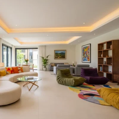 Bright open-plan living room with curved white sofa, colourful cushions, Togo chairs and garden views