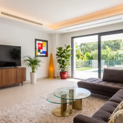 Contemporary lounge with dark corner sofa, glass coffee table, walnut sideboard and pool garden view