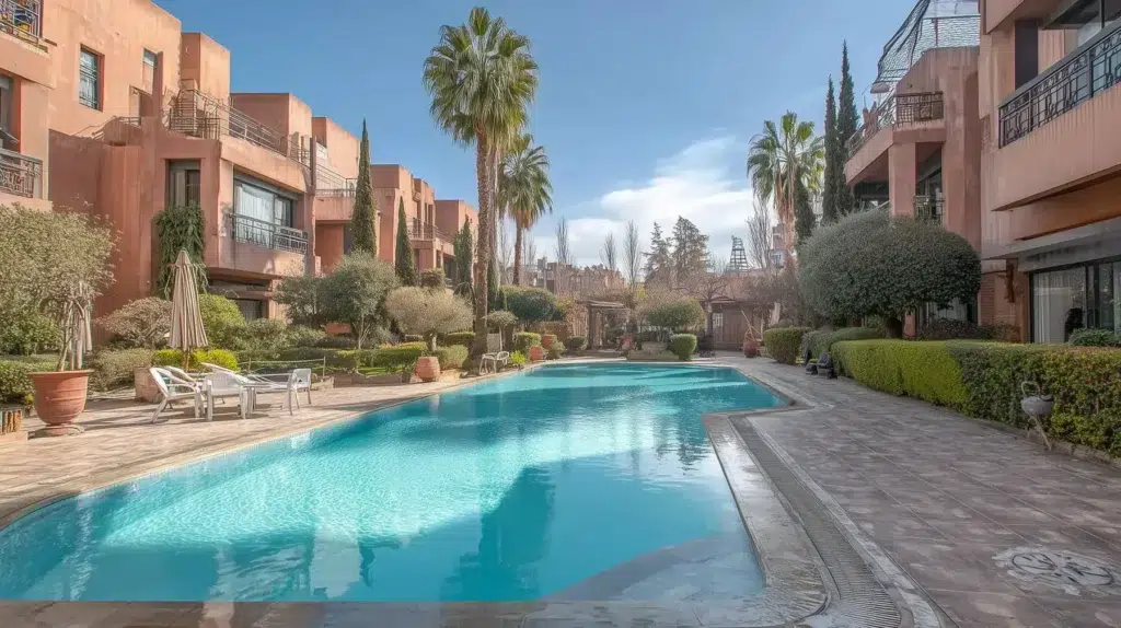 Marrakech apartment residence with large outdoor pool, palm and cypress trees, sun loungers, and terracotta facades