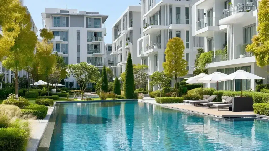 Luxury apartment complex with large outdoor pool, sun loungers, umbrellas, glass balconies, and white modern facades