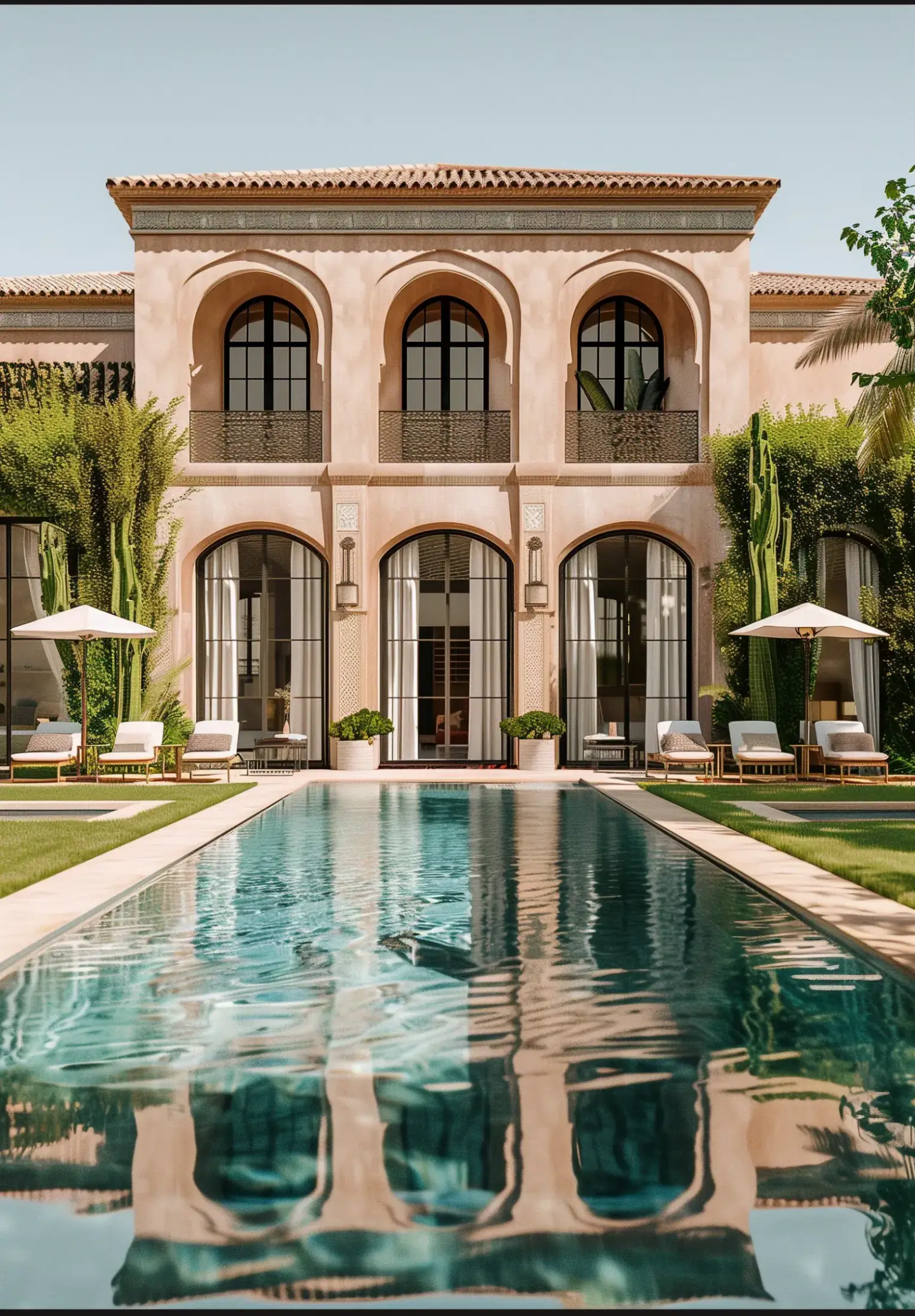 Moroccan villa with large arches, an ochre façade, a long reflecting pool, sun loungers, and a landscaped garden.