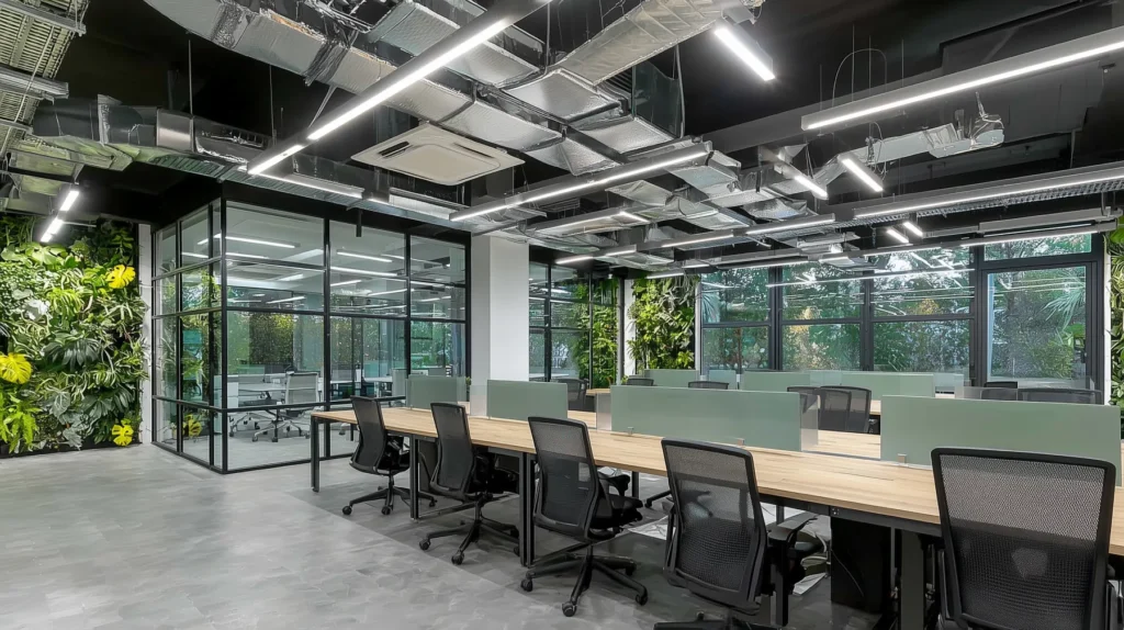 Modern office with green living walls, wooden desks and glass partitions