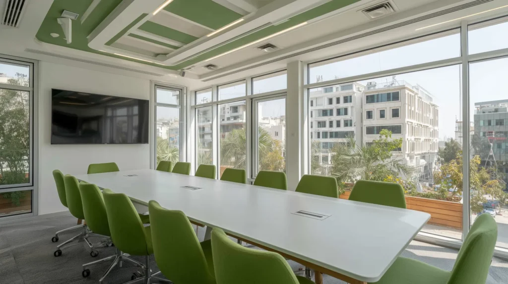Conference room with white table, green chairs and floor-to-ceiling windows