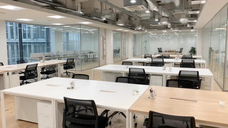Large open-plan office with white desks, black chairs and glass partitions