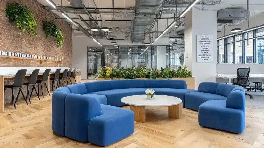 Modern open office with blue curved sofa, brick wall and indoor greenery
