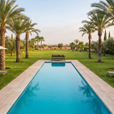 Villa lap pool surrounded by palm trees, olive trees, sun loungers and open Marrakech countryside beyond