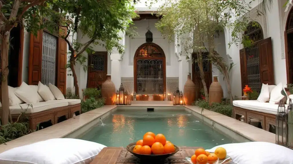 Riad pool courtyard at dusk with white daybeds, lanterns, carved wooden doors, and citrus centerpiece