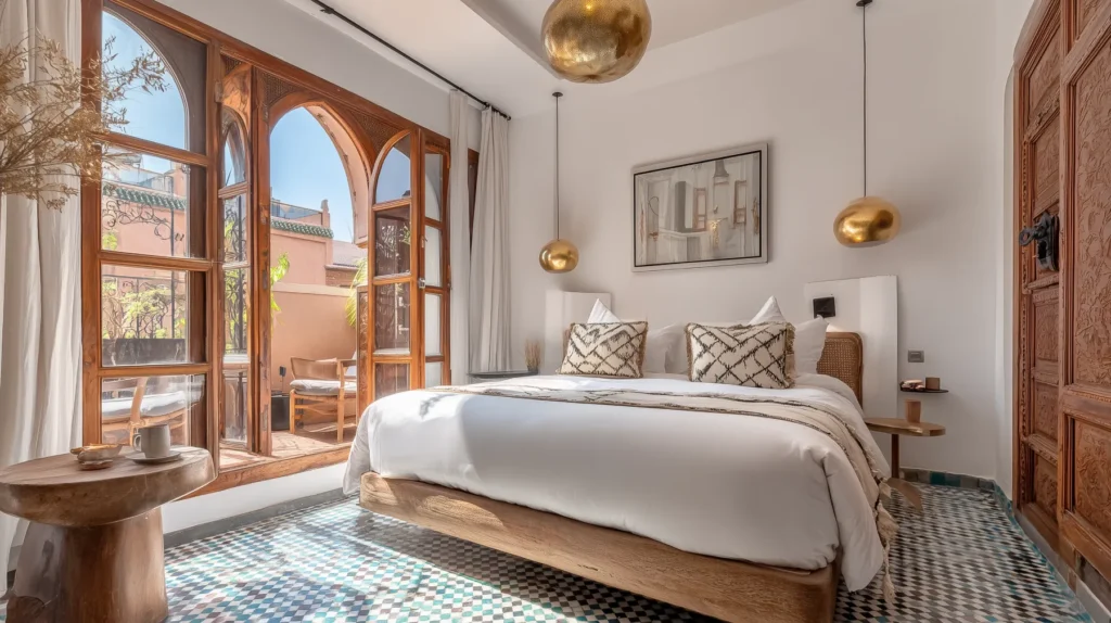 Riad bedroom in Marrakech with double bed, brass pendants, and arched wooden doors opening to a terrace