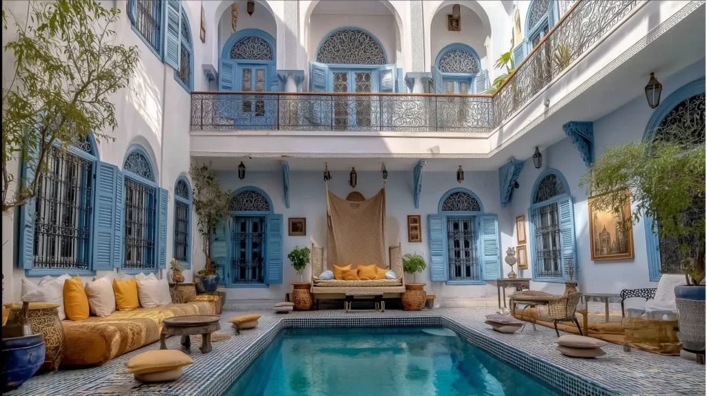 Luxury riad courtyard in Rabat with central pool, blue shutters, ornate ironwork balcony and gold lounge seating
