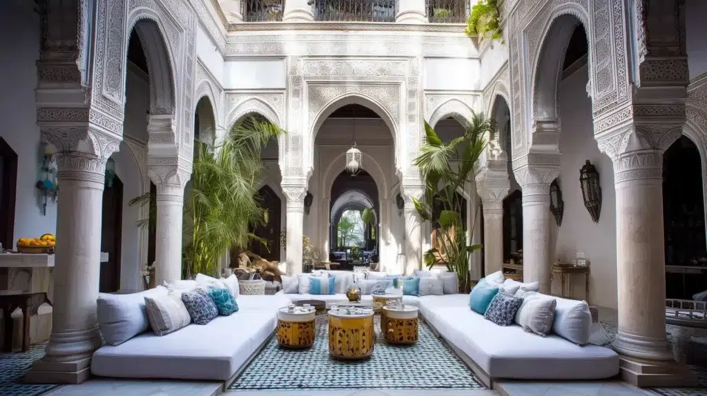 Grand riad courtyard with towering carved stucco arches, marble columns, white sofas, and tropical palms
