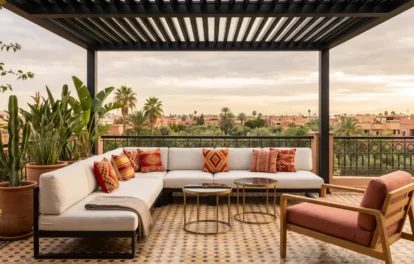 Penthouse duplex for sale in Marrakesh – shaded rooftop terrace with kilim cushions and skyline views