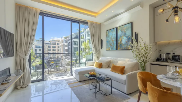Luxury studio apartment in Casablanca with white sofa, gold accents, floor-to-ceiling glass doors and balcony views