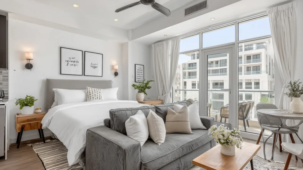 Modern studio apartment in Marrakech with double bed, grey sofa, floor-to-ceiling windows, and city balcony view