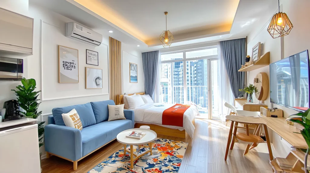 Bright studio apartment in Rabat with blue sofa, double bed, gold pendant lights and balcony city views