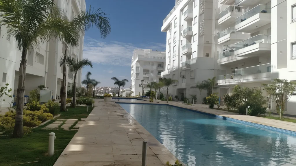 Gated white apartment residence with outdoor pool, palm tree promenade, manicured gardens, and open city views
