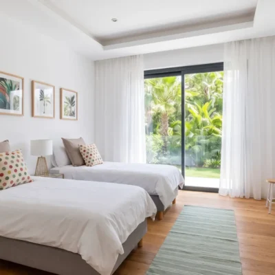 Bright twin bedroom with oak floors, tropical botanical prints, polka dot cushions and garden sliding doors