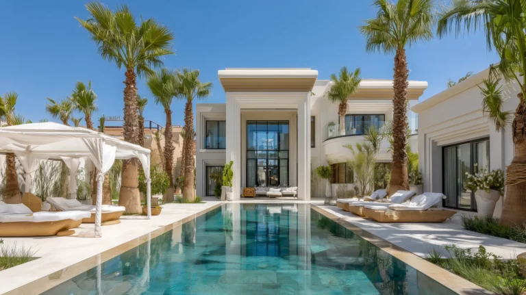 Luxury villa in Marrakech with lap pool, white cabana, rattan sun loungers, tall palms, and modern white facade