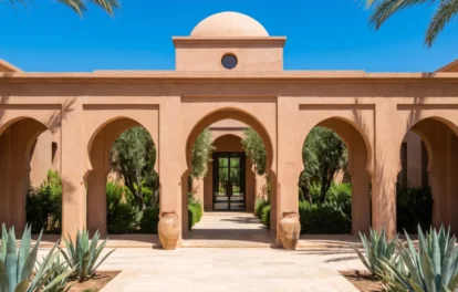Grand villa entrance with row of Moorish arches, an exceptional holiday villa for rent in La Palmeraie