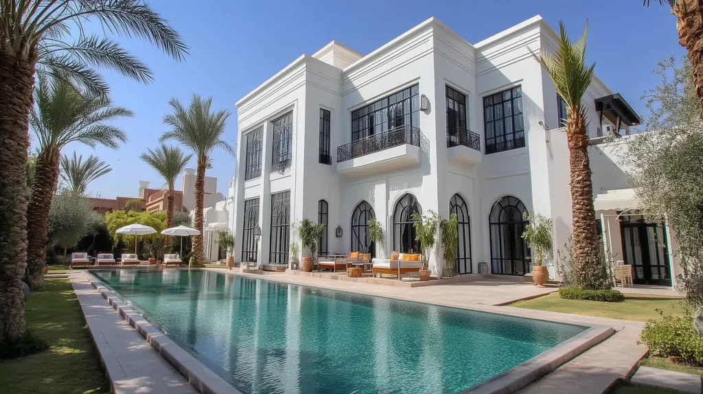 Luxury white villa in Marrakech with lap pool, palm trees, Moorish arched windows, sun loungers, and terrace seating
