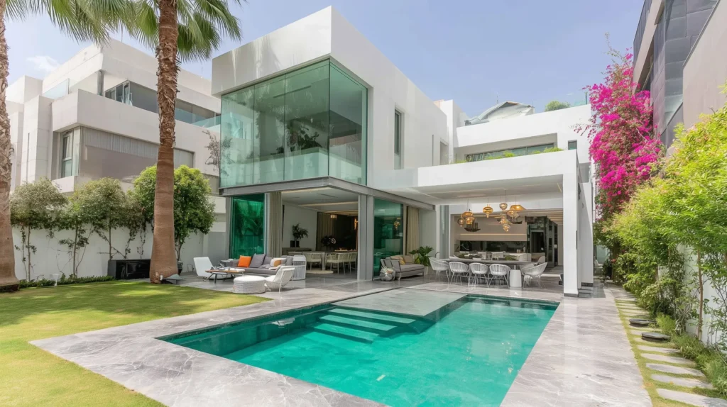 Luxury villa in Rabat with glass box extension, pool, outdoor dining area, gold pendants, and bougainvillea garden