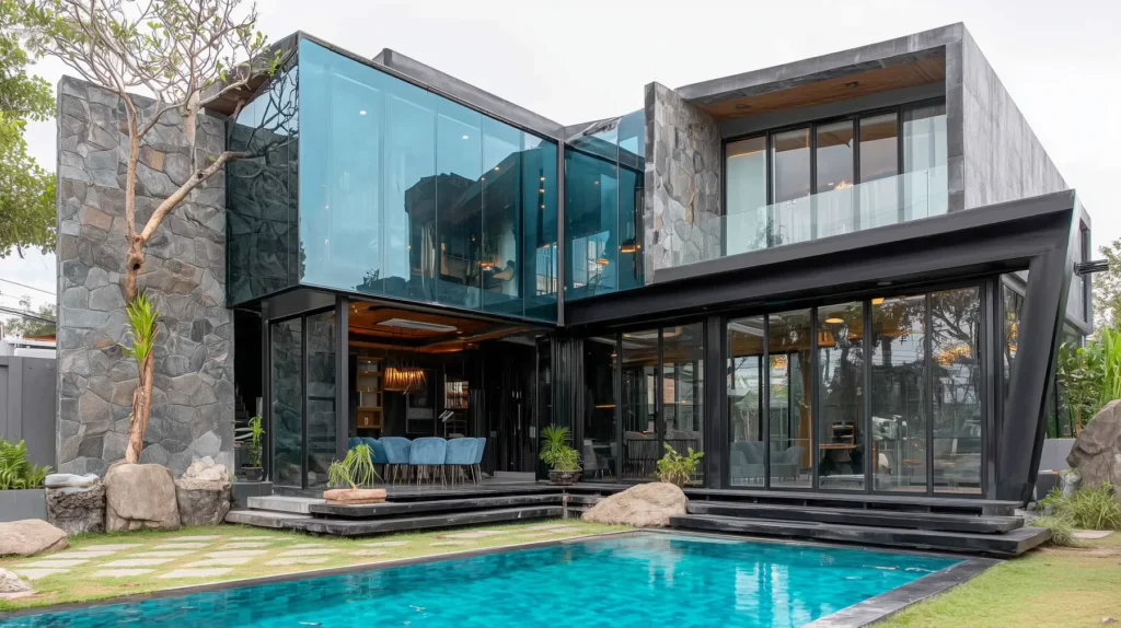 Contemporary villa with stone and glass facade, black steel framing, private pool, and illuminated open-plan interior