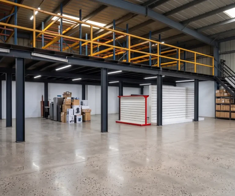 Industrial warehouse interior with mezzanine level, yellow safety railings, polished concrete floor and storage boxes