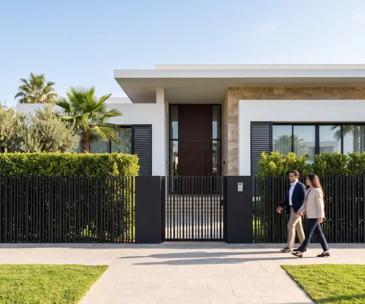 Freelance real estate agent in Casablanca walking past the gated entrance of a modern villa with a palm garden