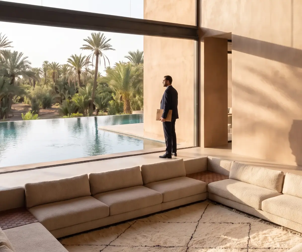Freelance real estate agent in Marrakech looking out over a pool and palm garden from a villa living room