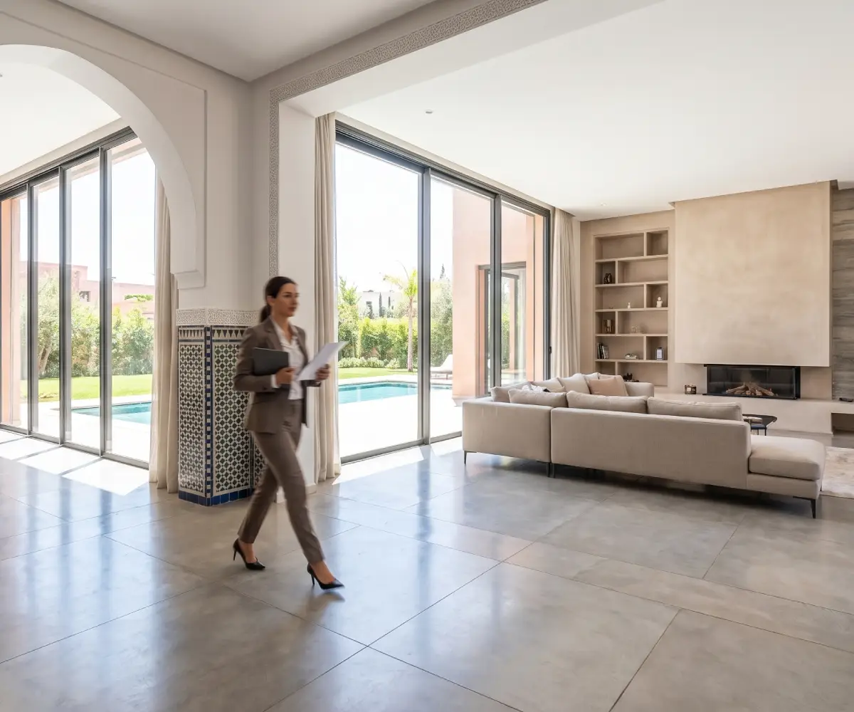 Freelance real estate agent in Rabat walking through a bright villa living room with pool views and a fireplace