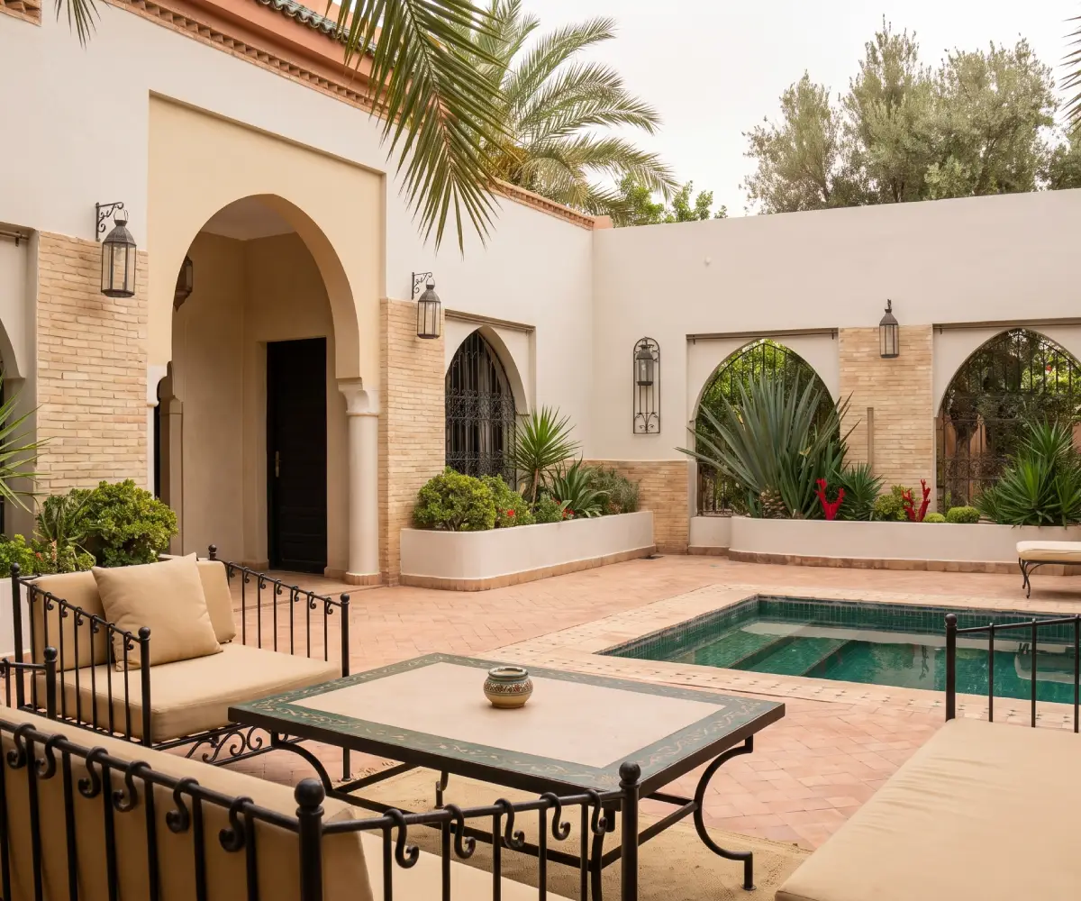 Riad-style courtyard in Marrakech with a central pool, arched arcades and carved plasterwork