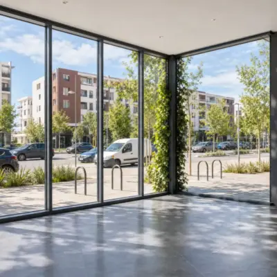 Commercial space for sale in Meknes with floor-to-ceiling corner glazing, grey tiled floor and tree-lined street views
