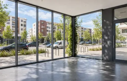 Commercial space for sale in Meknes with floor-to-ceiling corner glazing, grey tiled floor and tree-lined street views