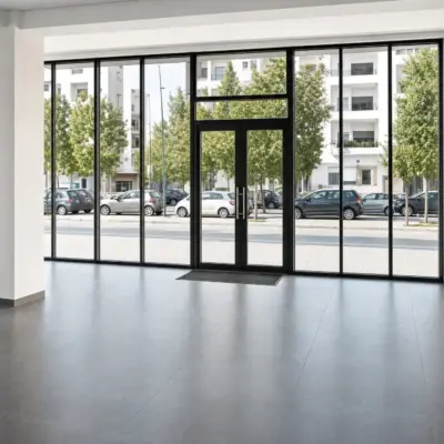 Empty shop floor in Meknes with black-framed glazed shopfront, central double door, white column and grey floor tiles