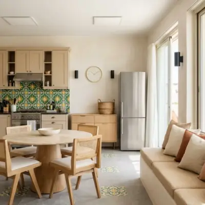 Open kitchen and dining area with green and yellow tiled backsplash, round travertine table and a long built-in bench